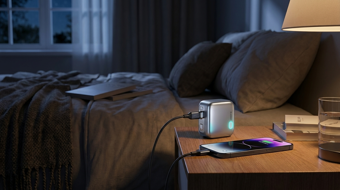 Phone charging overnight on a bedside table with VeyraCharge