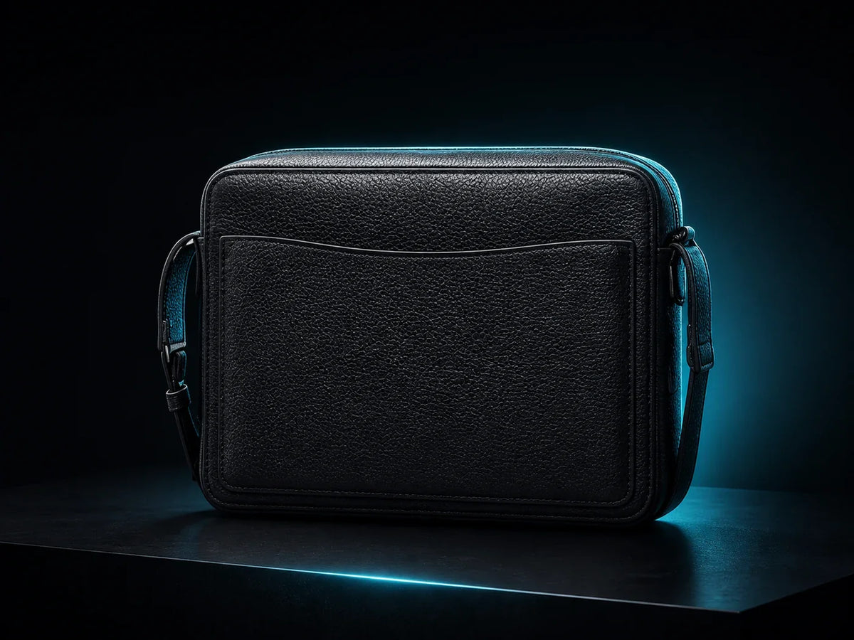 Fingerprint lock leather crossbody bag in premium dark-tech studio lighting