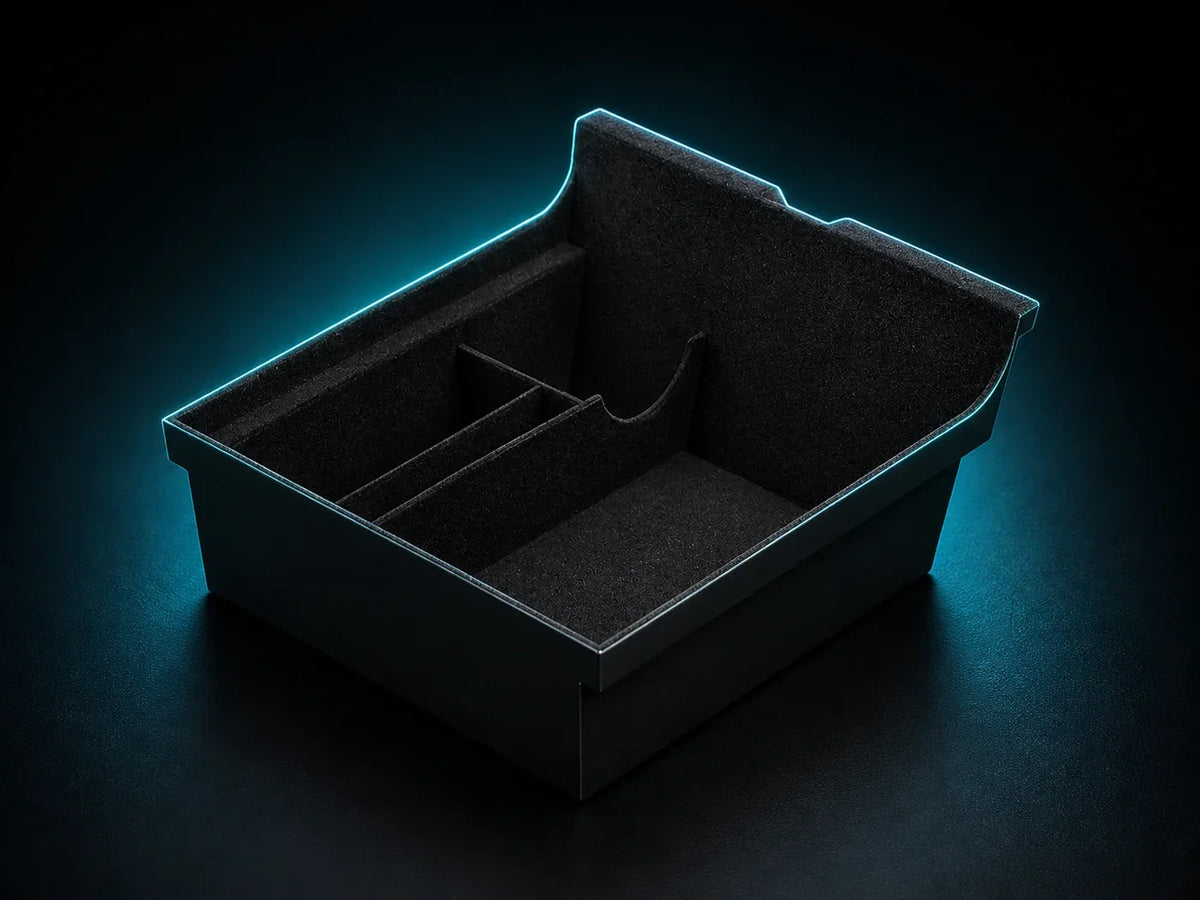 Center console organizer in premium Veyrazone dark-tech studio lighting