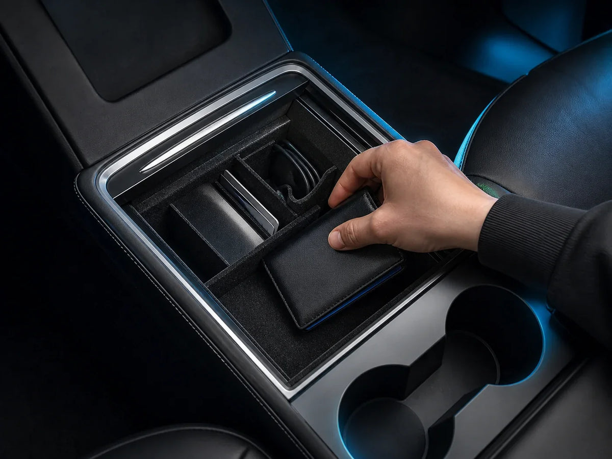 Center console organizer installed in a modern car interior