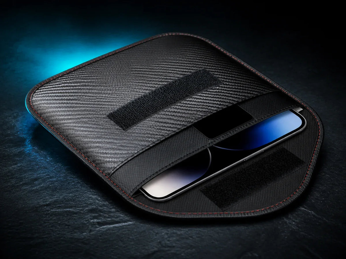Close-up of the RFID pouch interior, closure and carbon texture