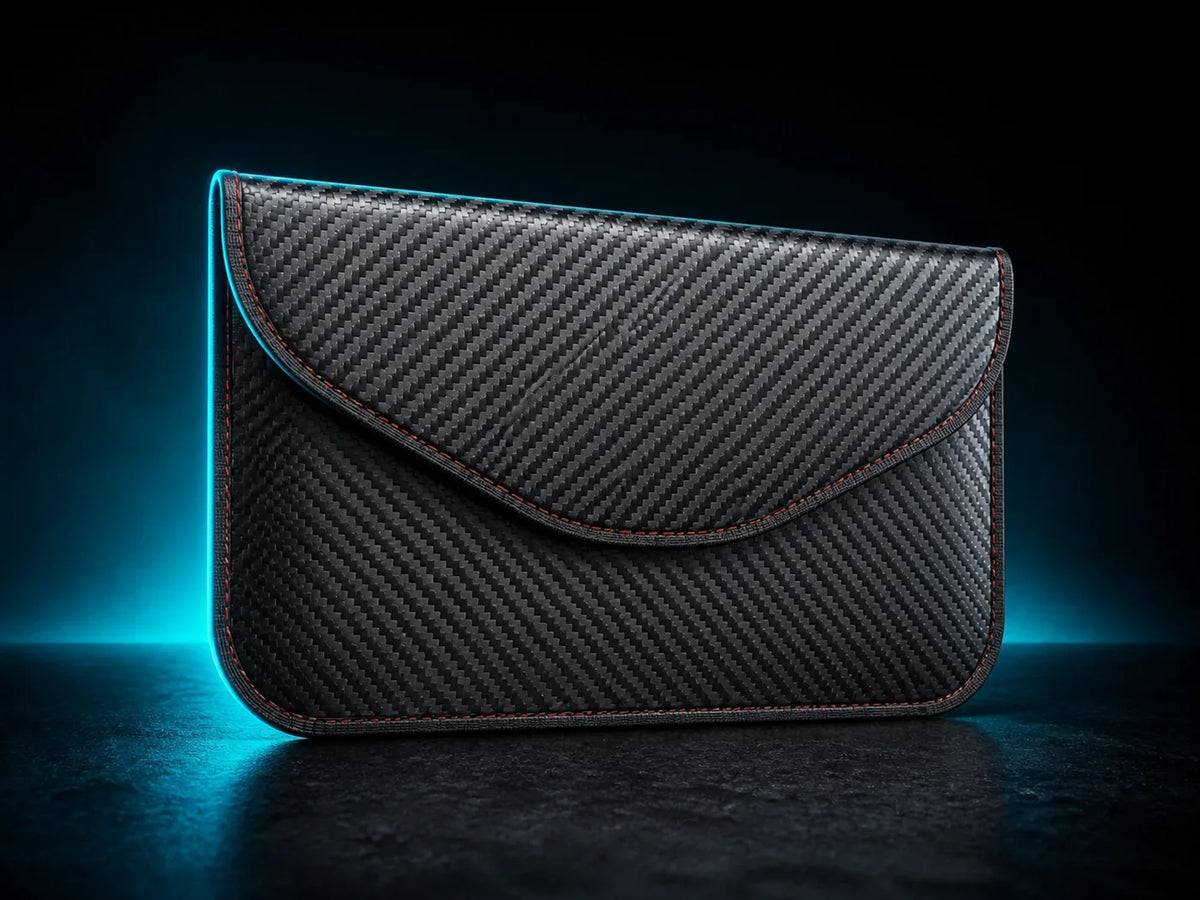 RFID shielding pouch in premium Veyrazone dark-tech studio lighting