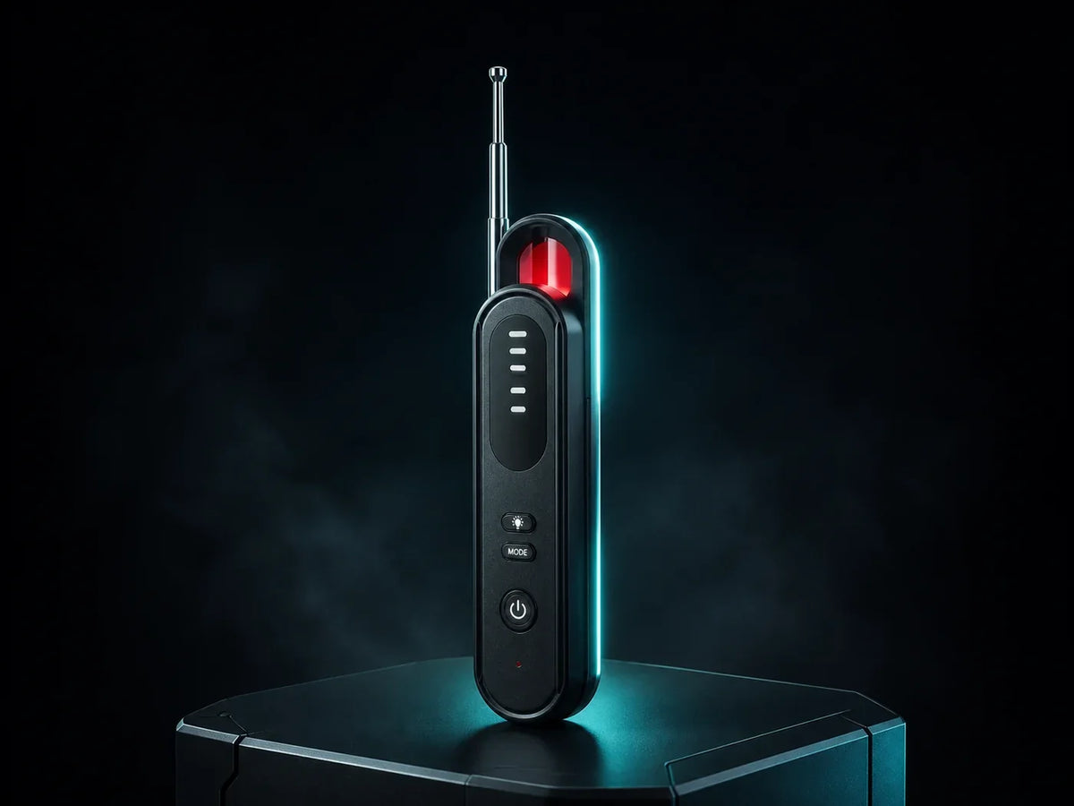 T01 hidden camera lens detector in premium dark-tech studio lighting